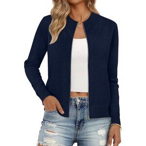 Women's Navy Zip Up Crew Neck  Long Sleeve Trendy Winter Jackets Sweaters